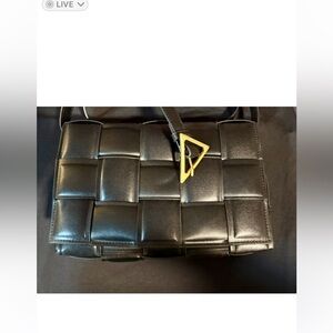 Designer Inspired Black Leather”Casette”Bag Iconic Intreccio Weave w/Gold Accent
